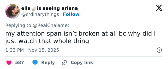 Tweet expressing disbelief and attention span issues after watching Timothée Chalamet's painful Zoom call in psychosis discussion. Tweet expressing disbelief and attention span issues after watching Timothée Chalamet's painful Zoom call in psychosis discussion.