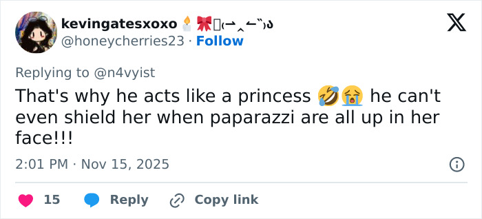 Tweet showing a fan reacting humorously to Millie Bobby Brown and Jake Bongiovi dating story amid paparazzi pressure.