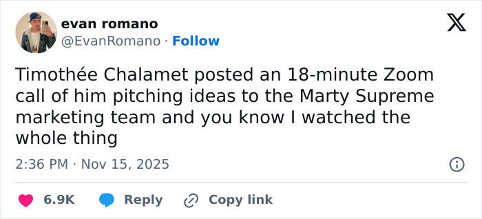 Screenshot of a tweet about Timothée Chalamet's Zoom call with PR team going into psychosis, sparking fan reactions. Screenshot of a tweet about Timothée Chalamet's Zoom call with PR team going into psychosis, sparking fan reactions.