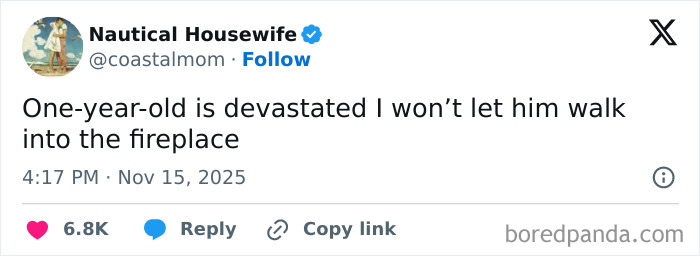 Tweet from parent about a one-year-old upset about fireplace safety, part of funny tweets parents posted during quiet time.