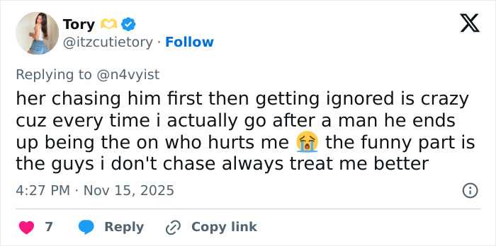 Twitter reply from user Tory reacting to Millie Bobby Brown&rsquo;s story about how she started dating Jake Bongiovi.