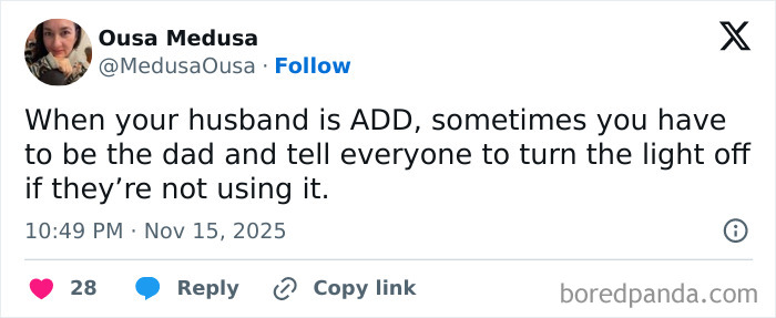 Screenshot of a funny tweet by a parent about managing family life and quiet time during parenting moments.