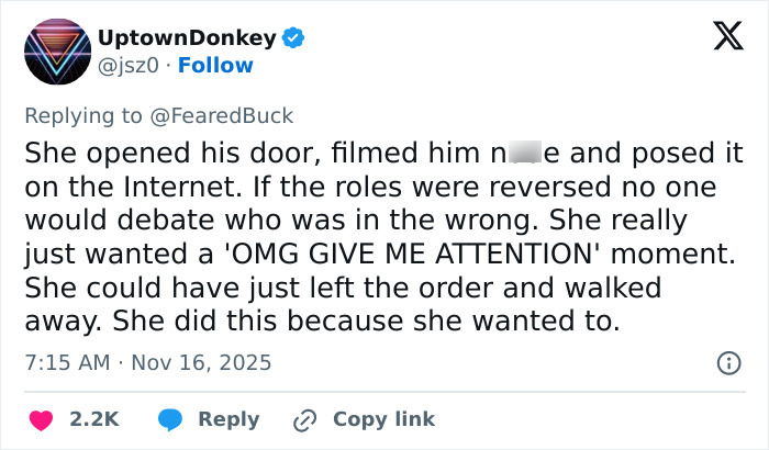 Social media post discussing a DoorDash driver arrested for recording and posting video of an undressed customer. Social media post discussing a DoorDash driver arrested for recording and posting video of an undressed customer.