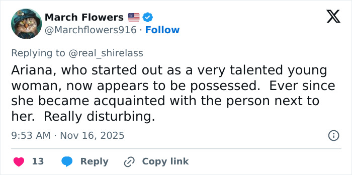 Tweet about Ariana Grande and Cynthia Erivo discussing stopping interviews after unusual and disturbing incidents.