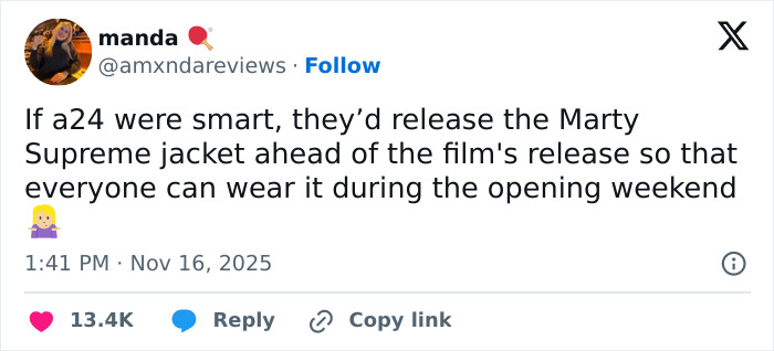 A screenshot of a tweet discussing the Marty Supreme jacket release linked to Timothée Chalamet’s psychosis Zoom call. A screenshot of a tweet discussing the Marty Supreme jacket release linked to Timothée Chalamet’s psychosis Zoom call.