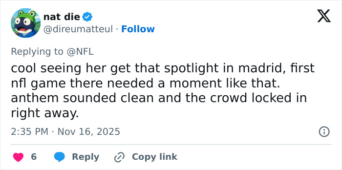 Tweet praising singer's US National Anthem performance at NFL game, sparking debate over disrespectful outfit choice.