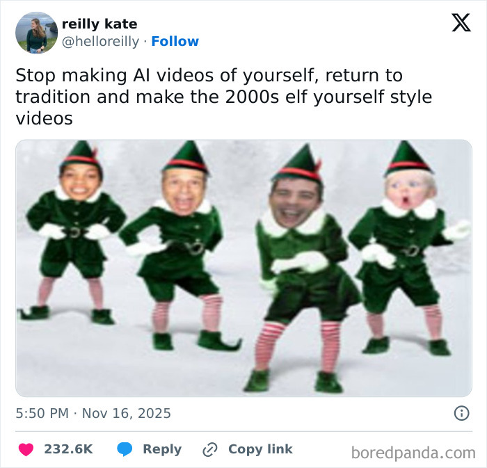 Funny and relatable X post showing people’s faces edited onto dancing elves in a holiday-themed humorous video.
