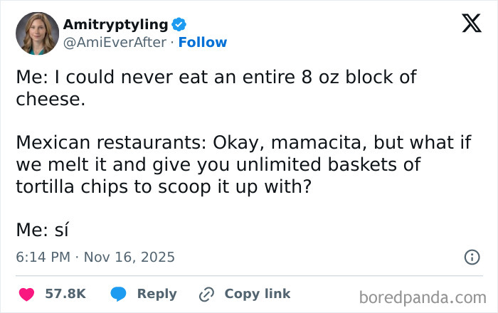 Screenshot of a hilarious and relatable X post about eating an entire block of cheese with tortilla chips.