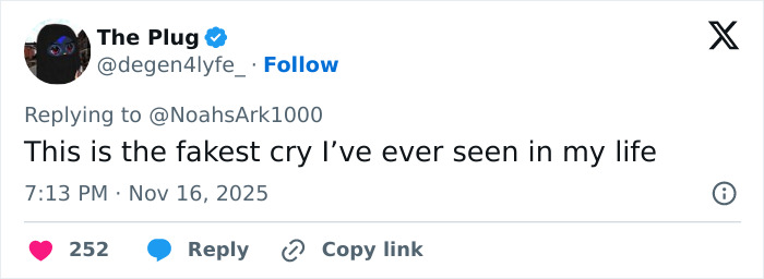 User comment on social media claiming an unrealistic acting gesture while crying sparks wild conspiracy theories.