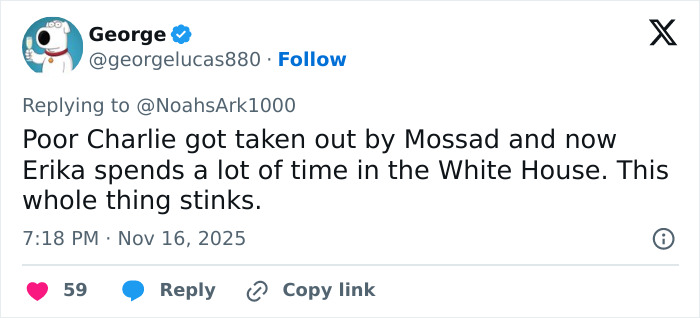 Tweet from user George discussing Erika Kirk's gestures while crying and sparking wild conspiracy theories about acting.