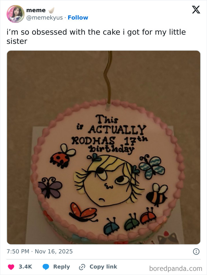 Birthday cake with a quirky cartoon face and colorful insects, celebrating a sibling’s special day with gratitude.