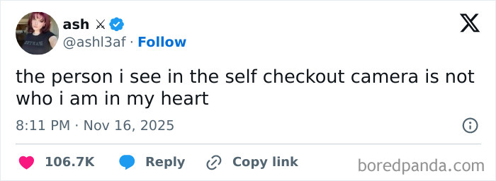 Relatable tweet about self checkout camera perceptions, showcasing one of the hilarious and relatable X posts from November.