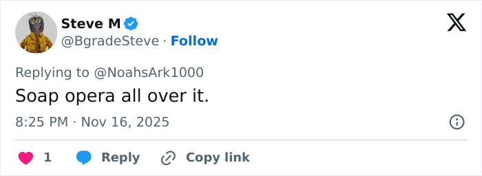 Screenshot of a social media reply commenting on acting gestures with a sarcastic remark about soap operas.