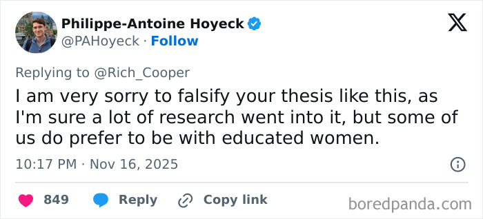 Tweet by Philippe-Antoine Hoyeck replying to Rich Cooper, praising educated women in response to a PhD criticism debate online. Tweet by Philippe-Antoine Hoyeck replying to Rich Cooper, praising educated women in response to a PhD criticism debate online.