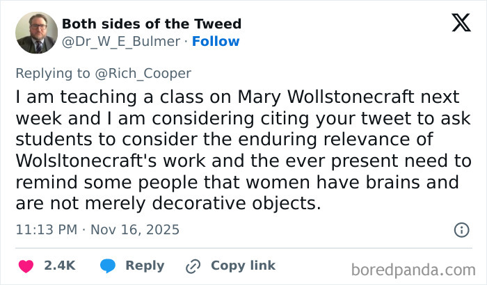 Tweet discussing women’s success and intelligence, highlighting relevance of Mary Wollstonecraft in education context. Tweet discussing women’s success and intelligence, highlighting relevance of Mary Wollstonecraft in education context.