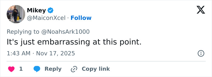 Tweet by user Mikey expressing embarrassment, highlighting viewers' reactions to Erika Kirk's acting gestures while crying.
