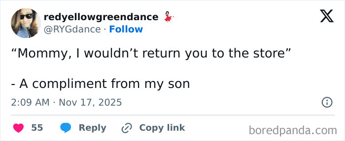 Screenshot of a funny tweet from a parent sharing a humorous compliment from their son during quiet time.