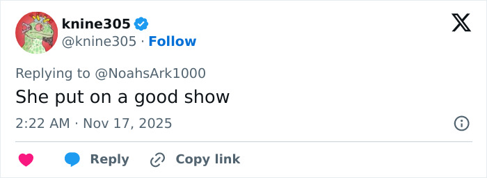 Twitter reply text saying she put on a good show, discussing Erika Kirk's acting gestures while crying and sparking theories.