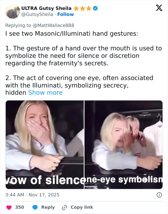 Image showing Erika Kirk making hand gestures while crying, sparking conspiracy theories about acting and symbolism.