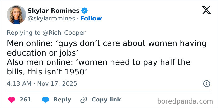 Tweet by Skylar Romines highlighting men's contradictory views on women’s education and jobs amid a debate about women’s success. Tweet by Skylar Romines highlighting men's contradictory views on women’s education and jobs amid a debate about women’s success.