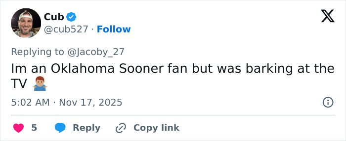 Tweet from user Cub, expressing being an Oklahoma Sooner fan and reacting loudly while watching TV.