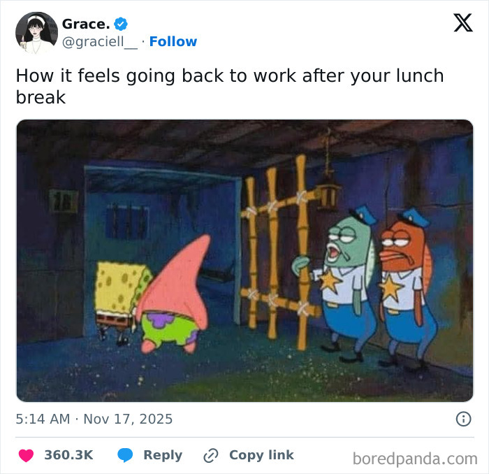 Tweet humor about how it feels going back to work, illustrating relatable moments of having a job with a SpongeBob scene.