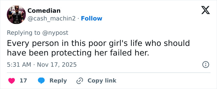 Tweet discussing failure to protect a 14-year-old girl found deceased in an RV, related to step-uncle arrest case. Tweet discussing failure to protect a 14-year-old girl found deceased in an RV, related to step-uncle arrest case.