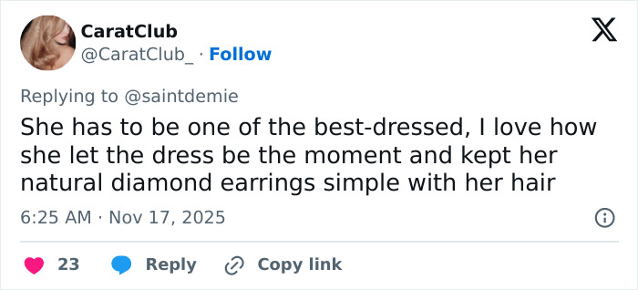 Tweet praising Ariana Grande&rsquo;s outfit and simple diamond earrings amid concern for her health after Governors Award appearance.