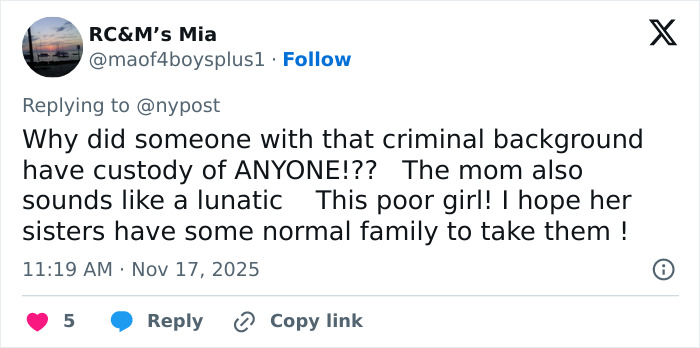 Tweet expressing concern about criminal background custody and hope for normal family for 14YO girl found in RV case. Tweet expressing concern about criminal background custody and hope for normal family for 14YO girl found in RV case.
