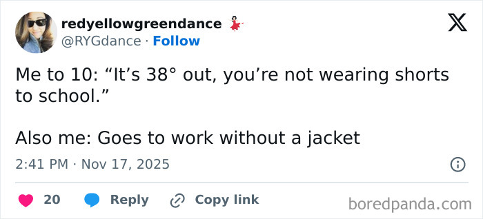 Parent humor tweet about cold weather and parenting struggles shared during quiet time for parents.