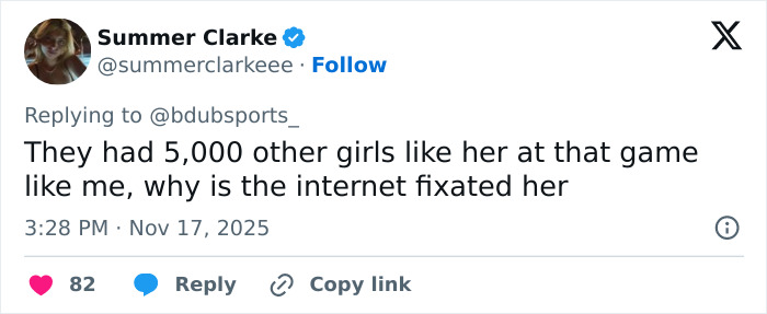 Social media user reacting to stunning woman identified after going viral at Georgia-Texas game with wild comments.