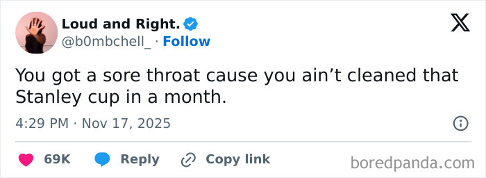 Screenshot of a relatable X post humorously about neglecting to clean a Stanley cup, fitting hilarious and relatable X posts.