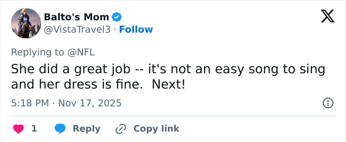 Tweet defending singer's outfit during US National Anthem at NFL game amid disrespectful criticism controversy.