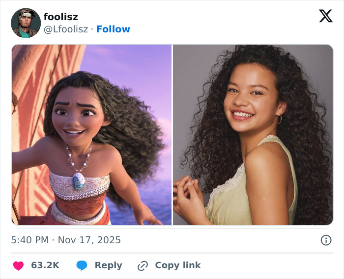 Moana animated character next to live-action star, highlighting Disney controversy over changes to star&rsquo;s appearance.