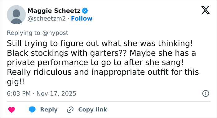 Tweet screenshot showing a user criticizing a singer&rsquo;s inappropriate outfit during the US National Anthem at an NFL game.