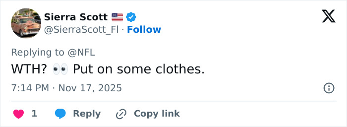 Twitter user Sierra Scott criticizing singer's inappropriate outfit during US National Anthem at NFL game with a shocked reaction.