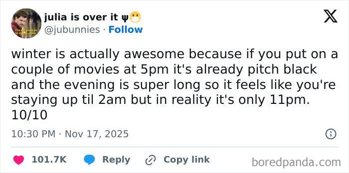 Social media post humor about winter evenings making nights feel longer, featured in hilarious relatable X posts.