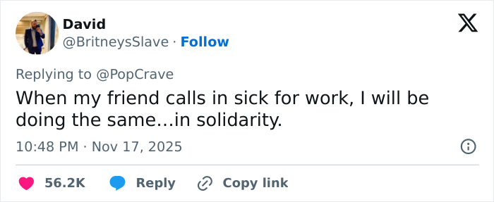 Tweet screenshot showing a user expressing solidarity by skipping work, related to Ariana Grande and Cynthia Erivo stopping interviews.