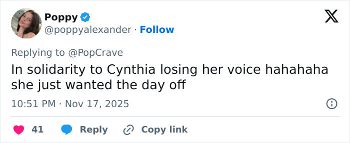 Tweet from Poppy referencing Cynthia Erivo losing her voice and wanting to take a day off amid Ariana Grande interview stops.