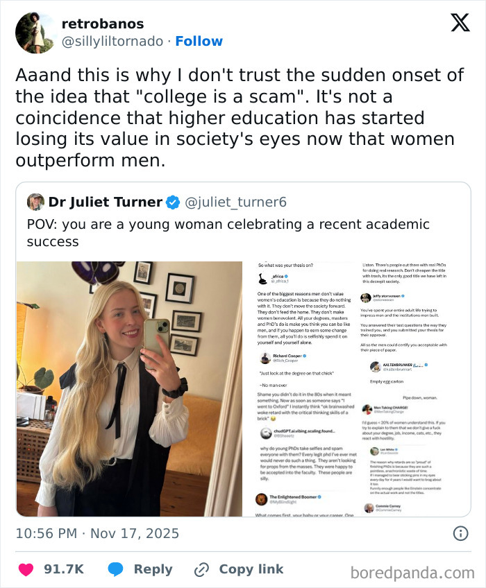Screenshot of tweets discussing women’s PhD achievements and internet reactions celebrating women’s success in academia. Screenshot of tweets discussing women’s PhD achievements and internet reactions celebrating women’s success in academia.