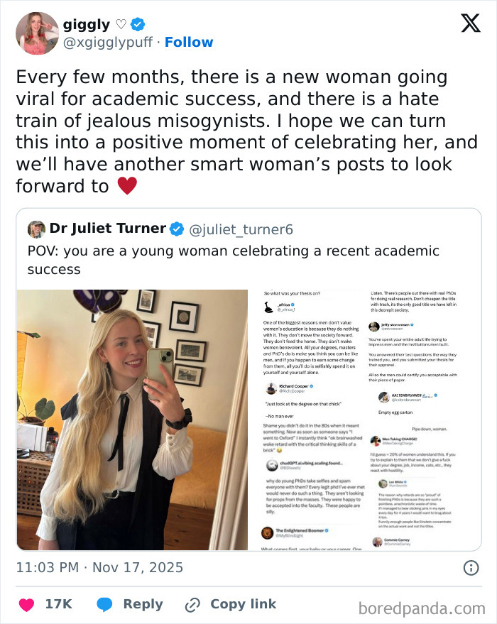 Tweet discussing internet roasting a man who bashed a woman’s PhD, turning it into a celebration of women’s success. Tweet discussing internet roasting a man who bashed a woman’s PhD, turning it into a celebration of women’s success.