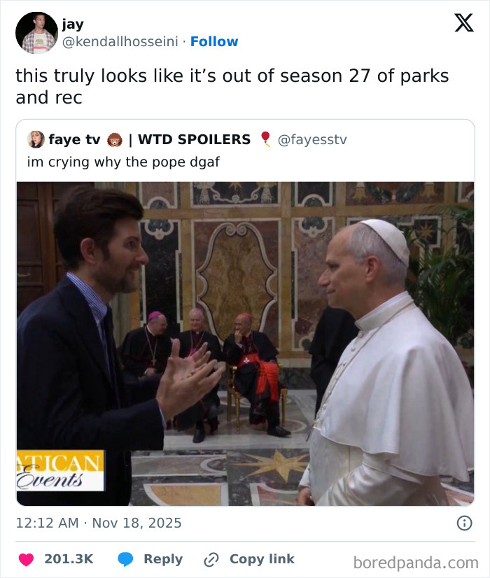 Man animatedly talking to a man dressed as the pope in a humorous and relatable X post from November to brighten your day.
