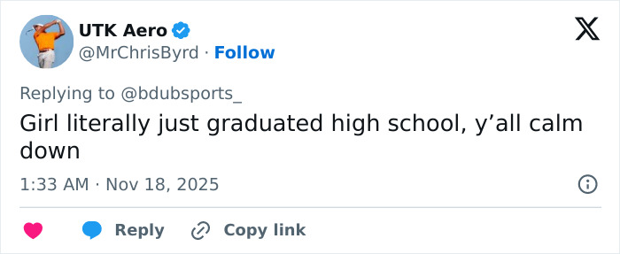 Tweet from UTK Aero responding to a viral discussion about a stunning woman at Georgia-Texas game, urging calm about her age.