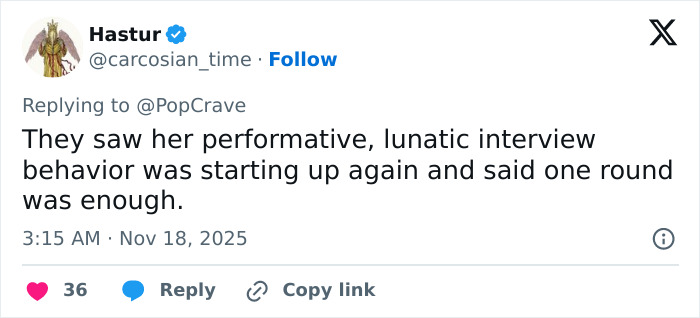 Tweet screenshot discussing lunatic interview behavior leading Ariana Grande and Cynthia Erivo to stop doing interviews suddenly.