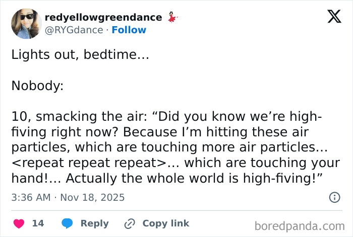 Tweet from a parent humorously describing a child’s imaginative bedtime high-five during quiet time.