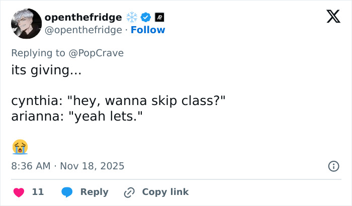Tweet referencing Ariana Grande and Cynthia Erivo deciding to stop doing interviews after lunatic acts, with crying emoji.