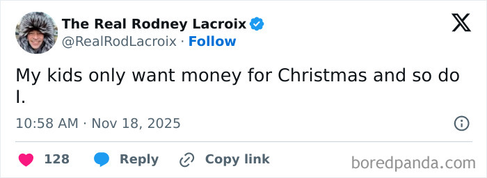 Tweet from a parent humorously about kids wanting money for Christmas, part of funny tweets parents posted for quiet time.