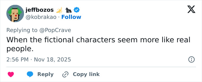 Tweet from user jeffbozos commenting on fictional characters feeling real, related to Ariana Grande and Cynthia Erivo interview decisions.