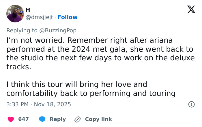 Screenshot of a social media post discussing Ariana Grande&rsquo;s cryptic last hurrah announcement and fans&rsquo; reactions.
