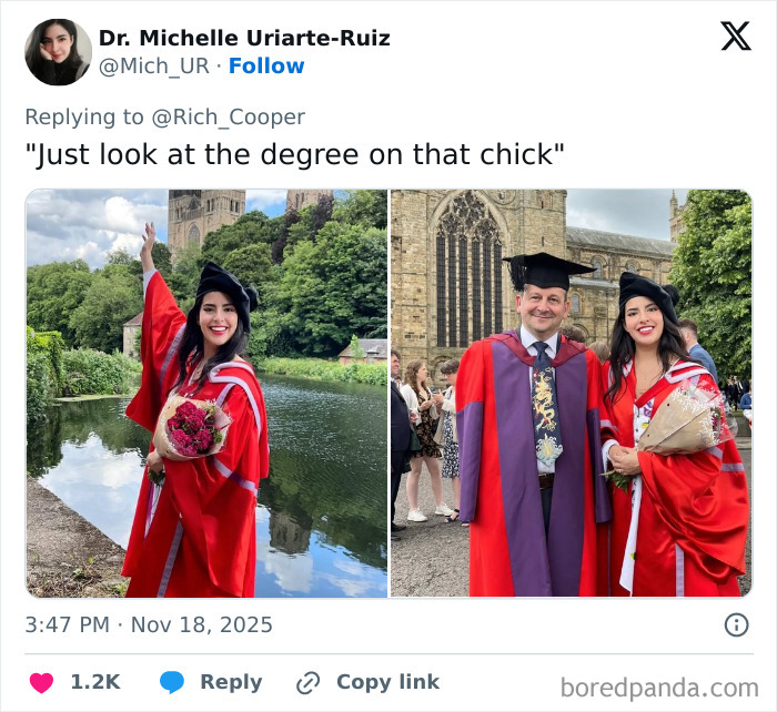 Woman celebrates graduation in red PhD gown as internet roasts man bashing her degree turning it into celebration of women’s success. Woman celebrates graduation in red PhD gown as internet roasts man bashing her degree turning it into celebration of women’s success.